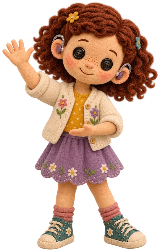 Duda, boneca de feltro de cabelo ruivo e cacheado, com dois aparelhos auditivos atrás das orelhas, em pé, com uma das mãos erguida e aberta.