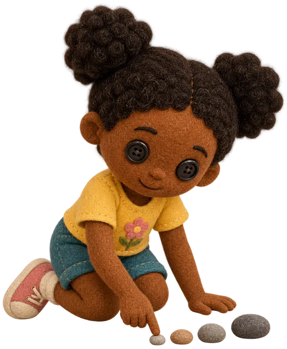 Lia, boneca de feltro de cabelo preso em dois coques altos, agachada, tocando com o dedo a primeira de quatro pedras enfileiradas no chão.