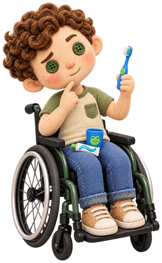 Téo, boneco de feltro de cabelo cacheado, sentado na cadeira de rodas, com uma escova de dentes na mão erguida e um copo no colo.